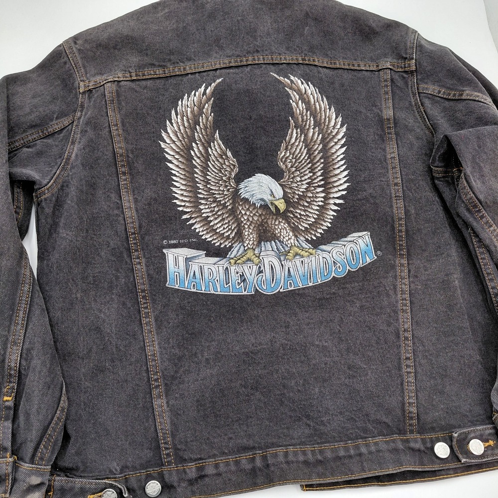 Vtg 80s Harley Davidson Eagle Black Denim Jacket Mens L Patches Bikercore Moto